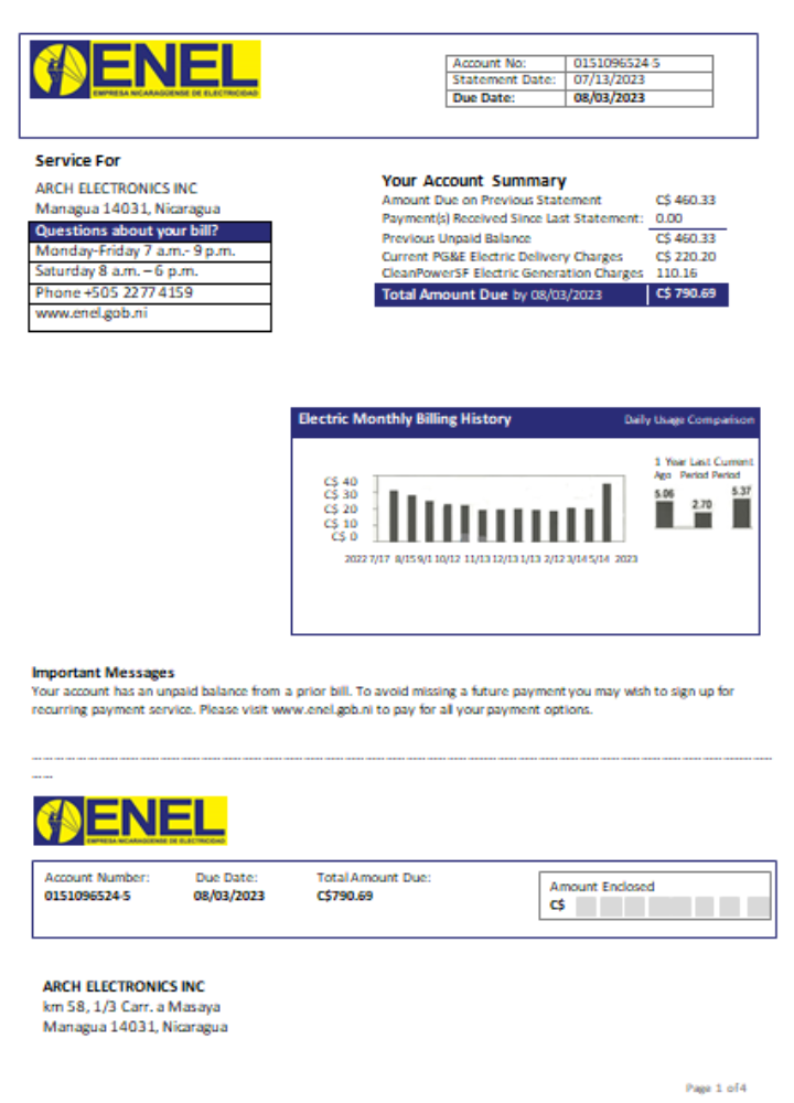 Nicaraguan Electricity Company (ENEL) electricity utility business bill, SCR PSD template